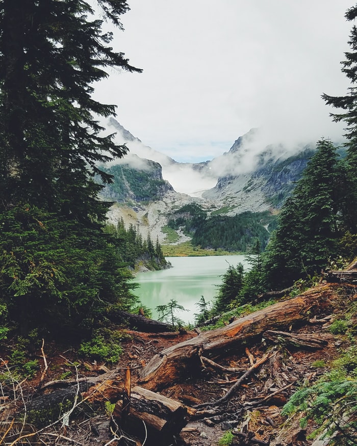 Image of a mountain and lake taken from the woods.