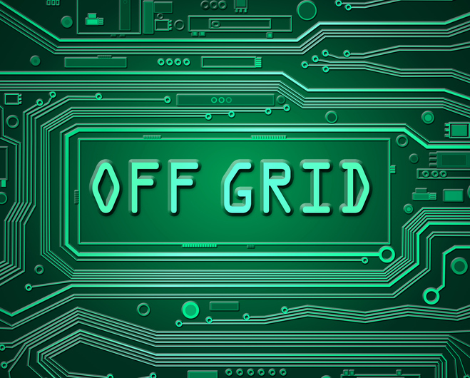 Matthew Davies image of a circuit board with the words Off Grid