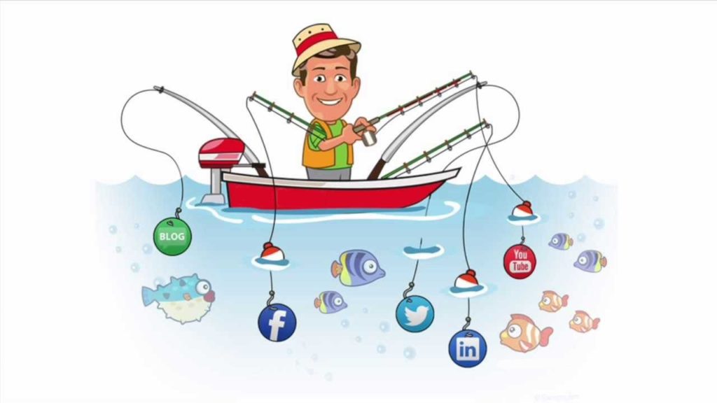 Matthew Davies image of a fisherman in a boat with several social media icons in the water